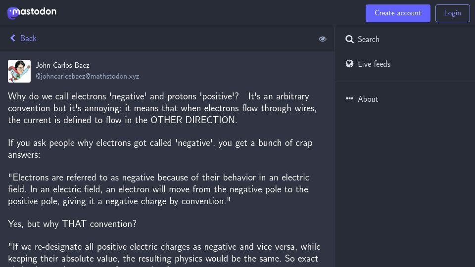 Screenshot of mathstodon.xyz: Why does current flow the opposite way from the electrons?
