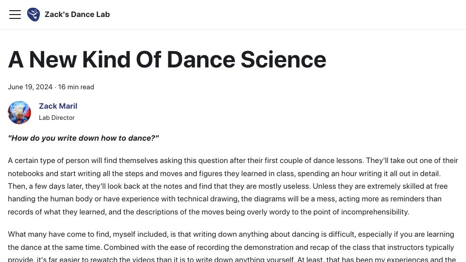 Screenshot of zacksdancelab.com: A New Kind Of Dance Science (combinatorics of social dancing)