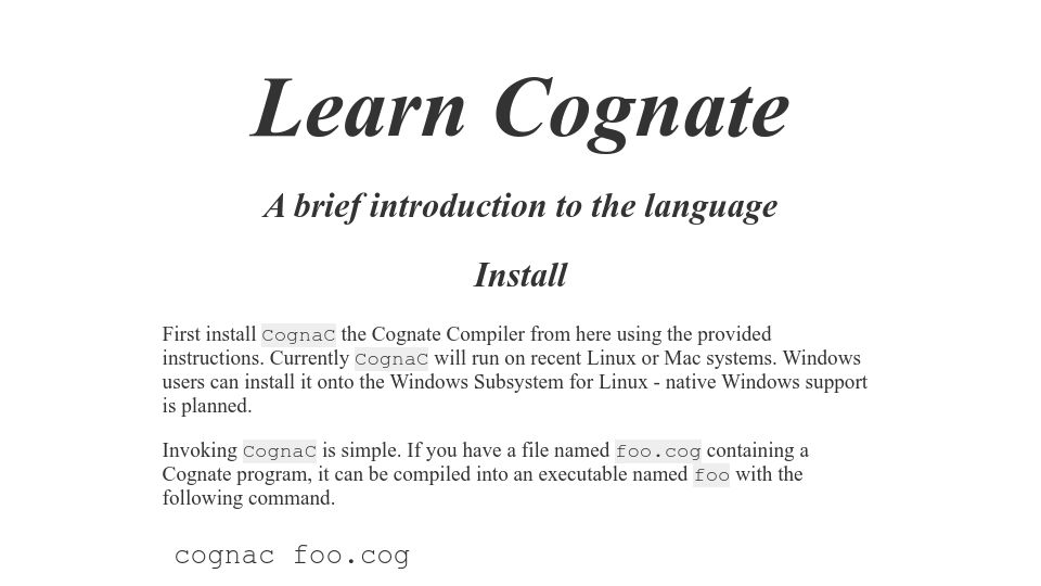 Screenshot of cognate-lang.github.io: Cognate: Readable and concise concatenative programming