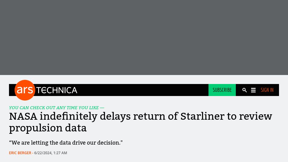 Screenshot of arstechnica.com: NASA indefinitely delays return of Starliner to review propulsion data