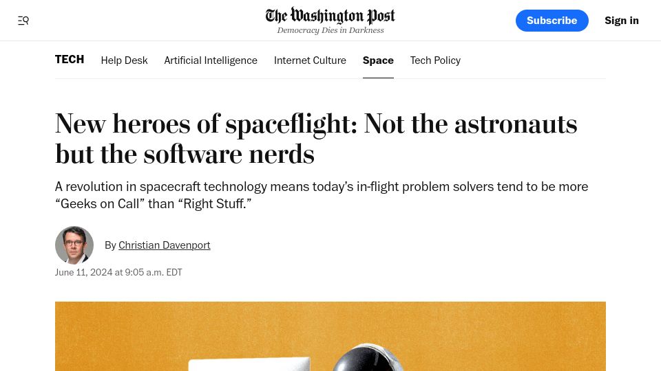 Screenshot of washingtonpost.com: New heroes of spaceflight: Not the astronauts but the software nerds