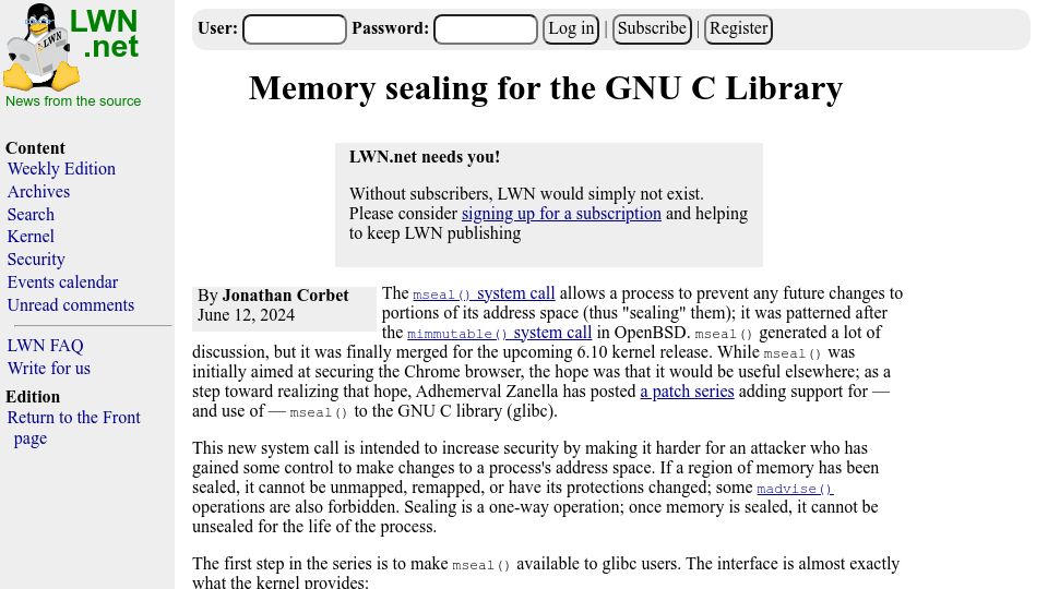 Screenshot of lwn.net: Memory sealing for the GNU C Library