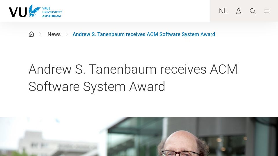Screenshot of vu.nl: Andrew S. Tanenbaum Receives ACM Software System Award