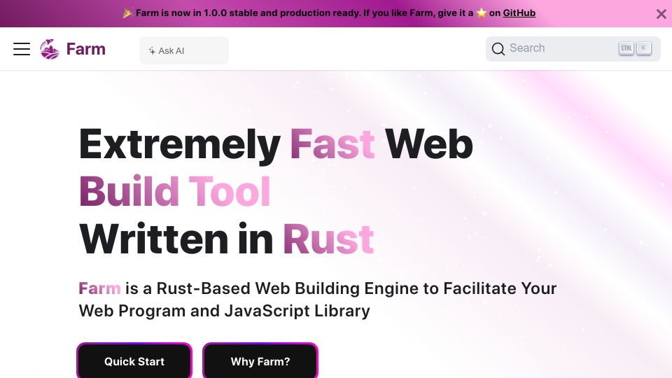 Screenshot of farmfe.org: Farm: Fast vite compatible build tool written in Rust