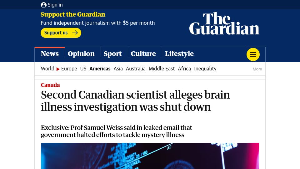 Screenshot of theguardian.com: Second Canadian scientist alleges brain illness investigation was shut down