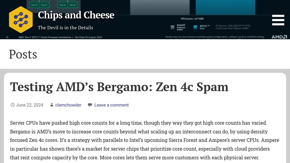 Screenshot of chipsandcheese.com: Testing AMD's Bergamo: Zen 4c