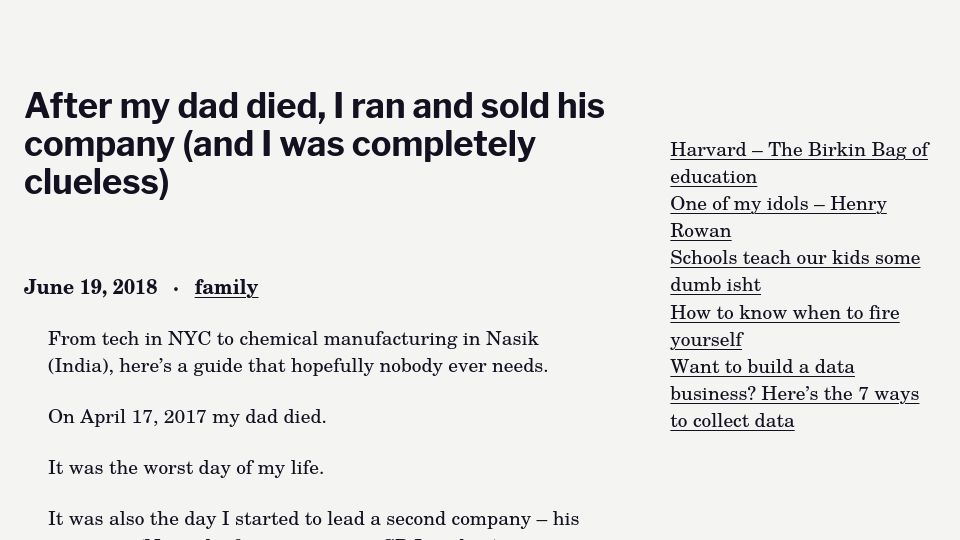 Screenshot of anandsanwal.me: After my dad died, I ran and sold his company (2018)