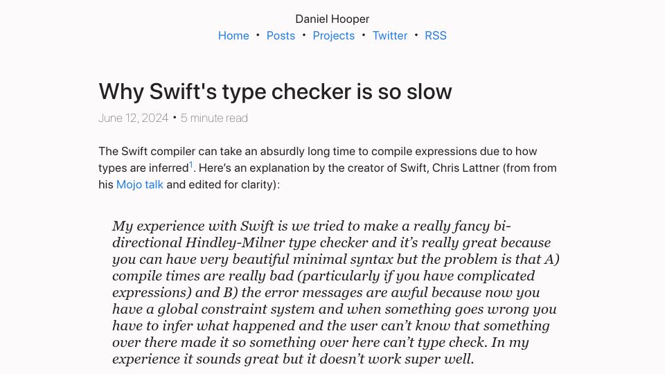 Screenshot of danielchasehooper.com: Why Swift's type checker is so slow