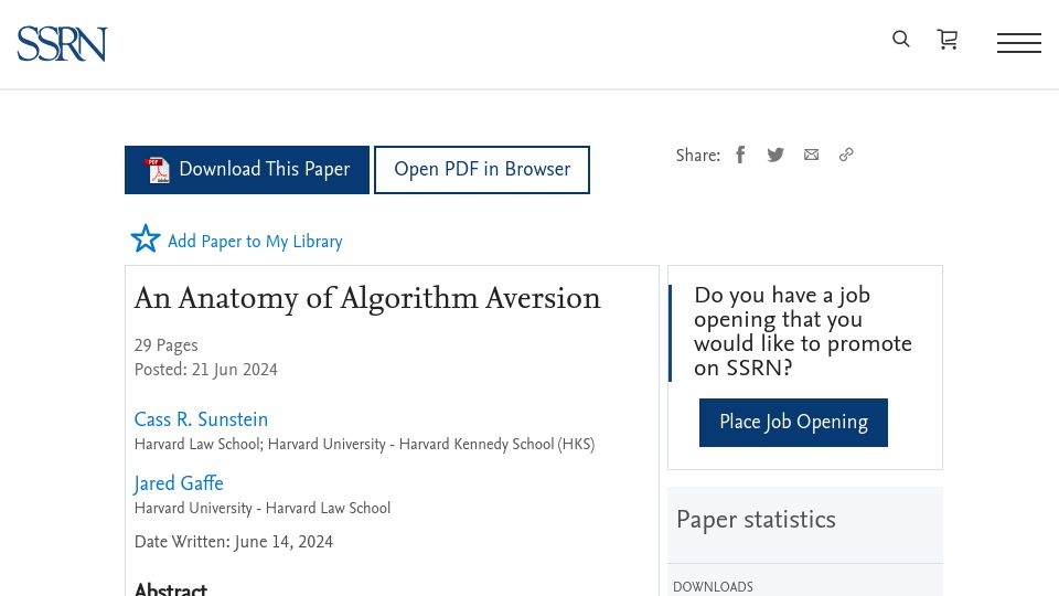 Screenshot of papers.ssrn.com: An Anatomy of Algorithm Aversion