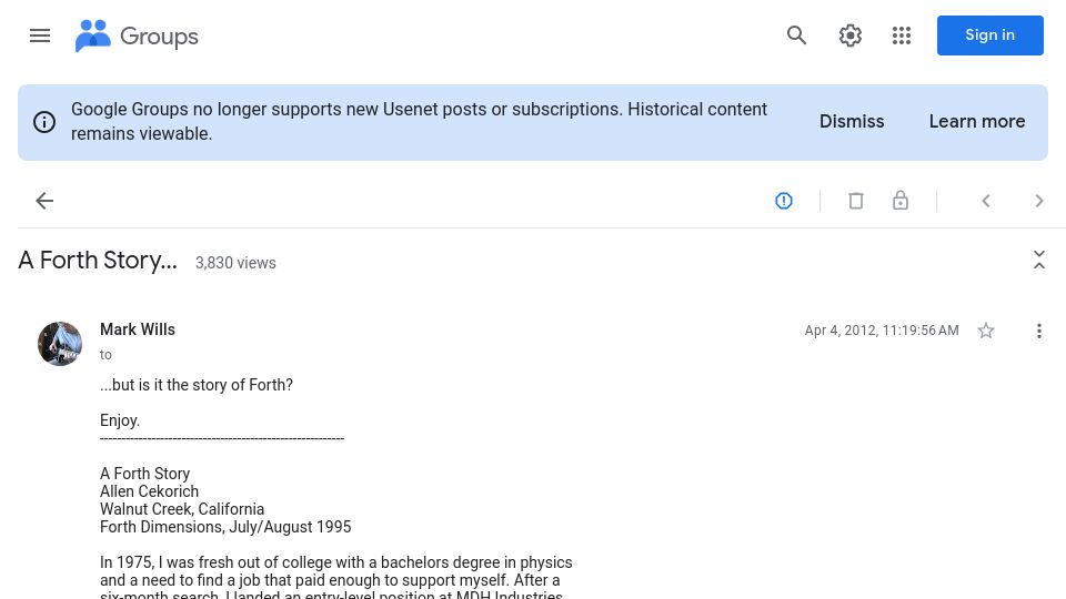 Screenshot of groups.google.com: A Forth Story (1995)