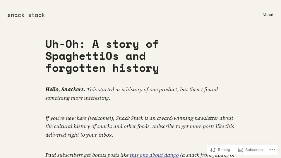 Screenshot of snackstack.net: Uh-Oh: A story of SpaghettiOs and forgotten history