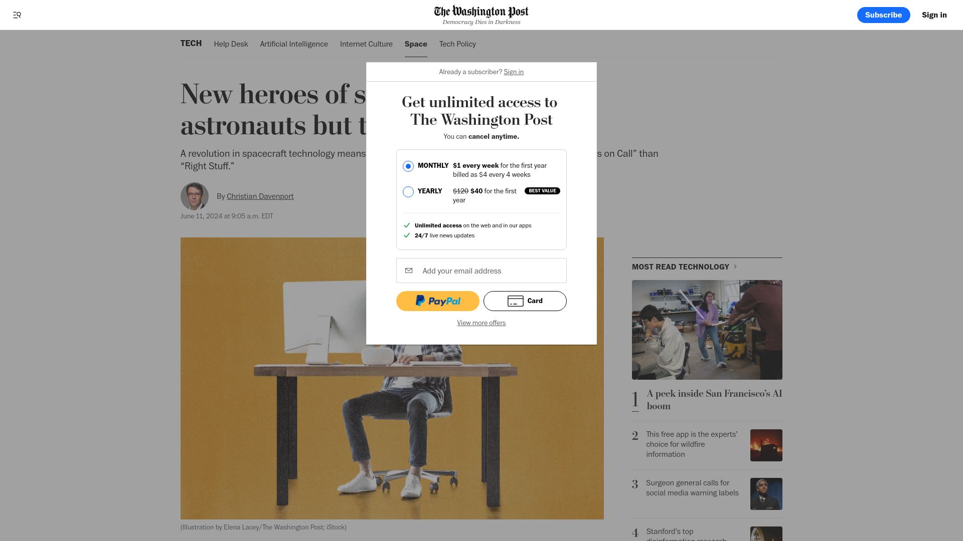 Screenshot of washingtonpost.com: New heroes of spaceflight: Not the astronauts but the software nerds