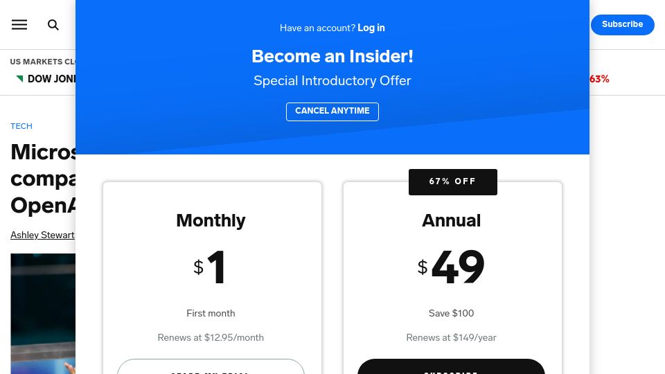 Screenshot of businessinsider.com: Microsoft insiders worry the company has become just 'IT for OpenAI'