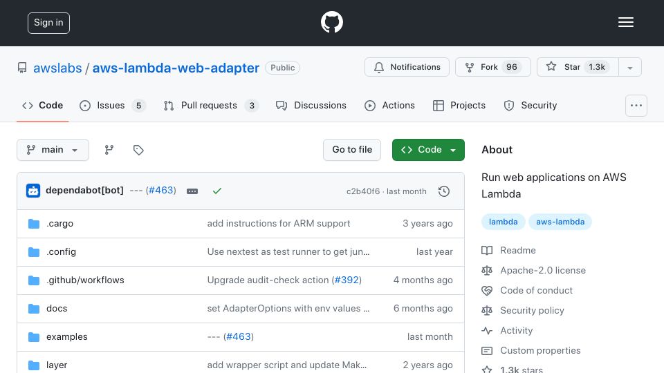 Screenshot of github.com: AWS Lambda Web Adapter