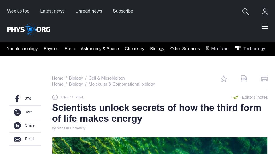 Screenshot of phys.org: Scientists unlock secrets of how the third form of life makes energy
