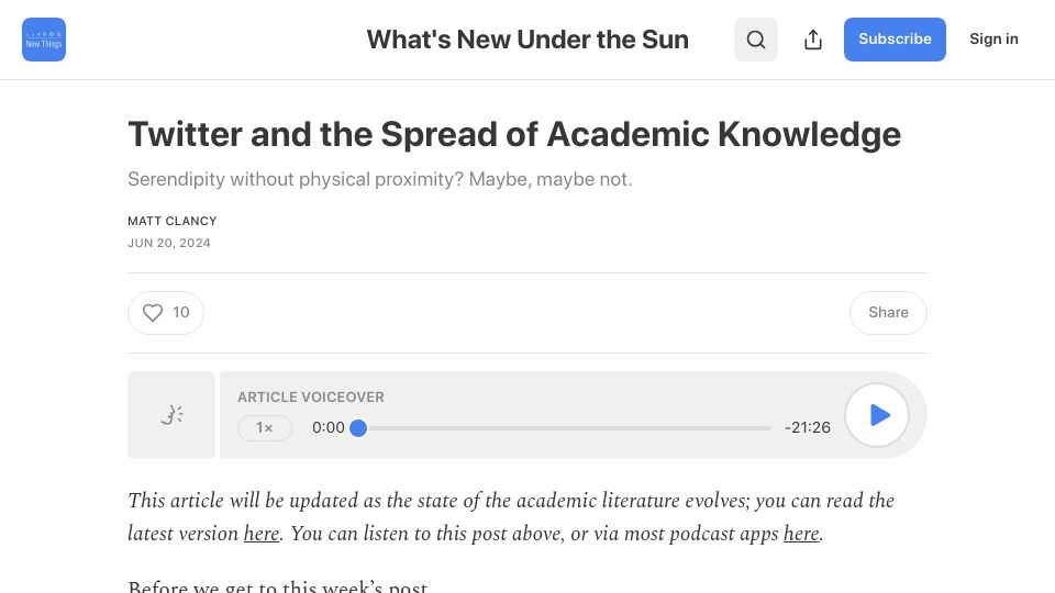 Screenshot of mattsclancy.substack.com: Twitter and the spread of academic knowledge
