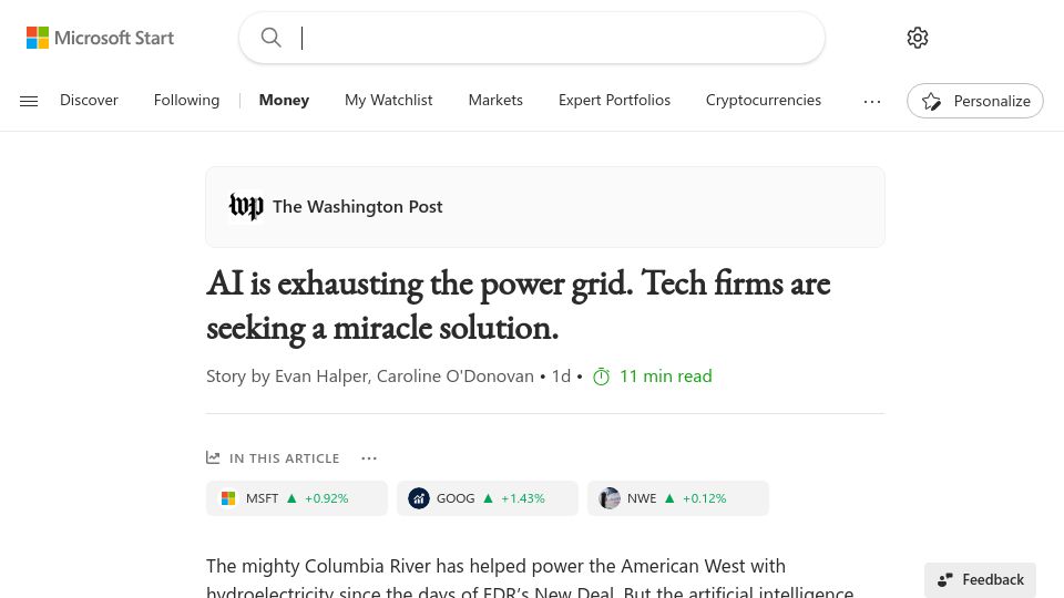 Screenshot of msn.com: AI is exhausting the power grid. Tech firms are seeking a miracle solution