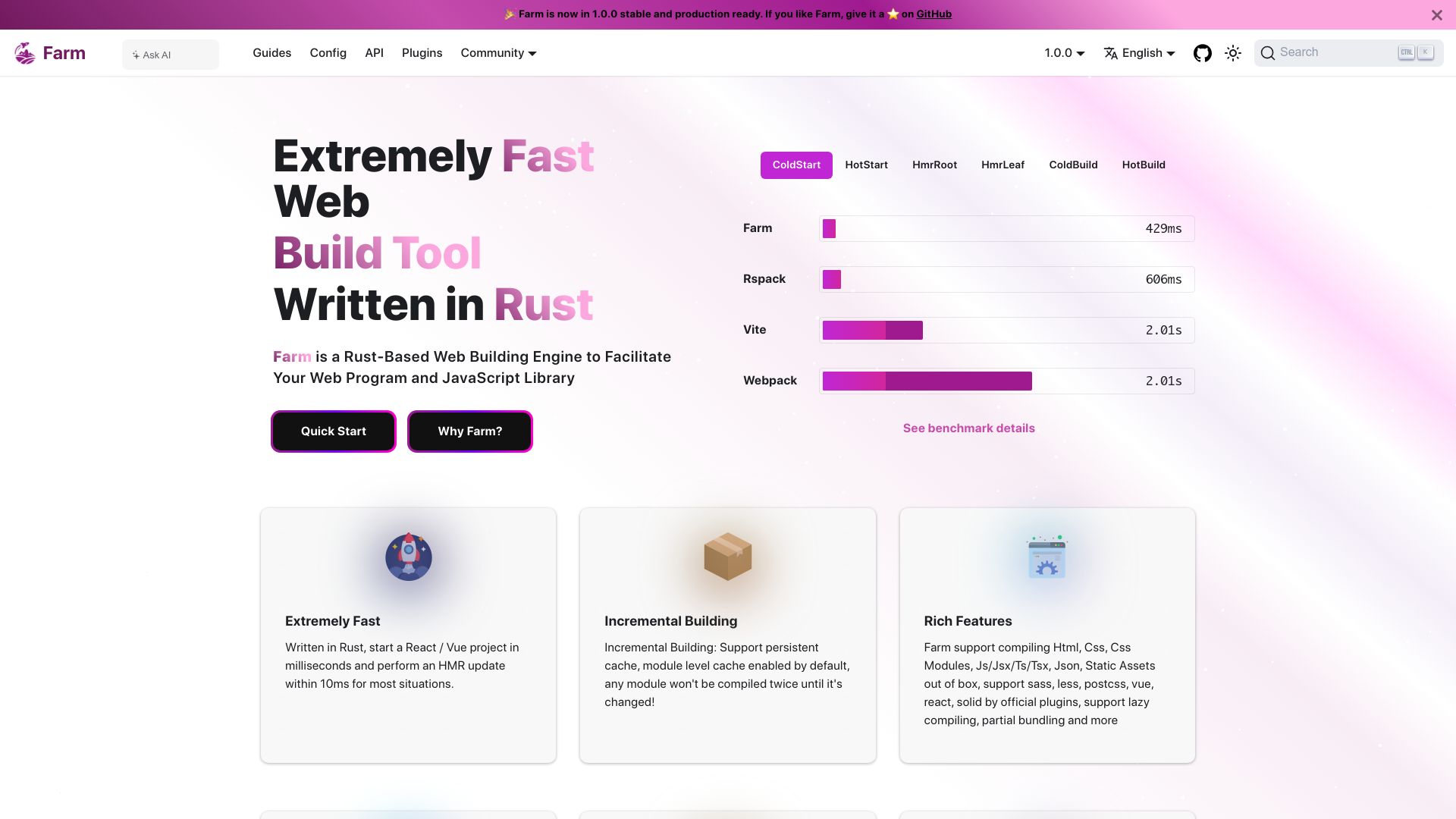 Screenshot of farmfe.org: Farm: Fast vite compatible build tool written in Rust