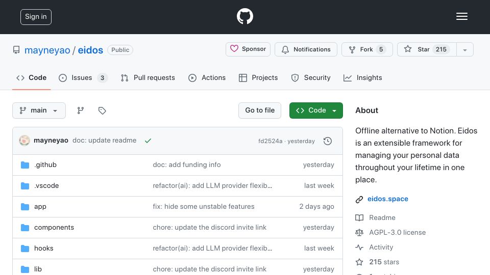 Screenshot of github.com: Show HN: Eidos – Offline alternative to Notion