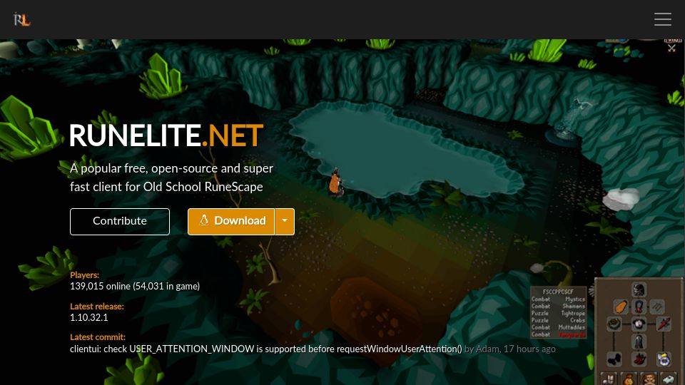 Screenshot of runelite.net: RuneLite – open-source RuneScape Client