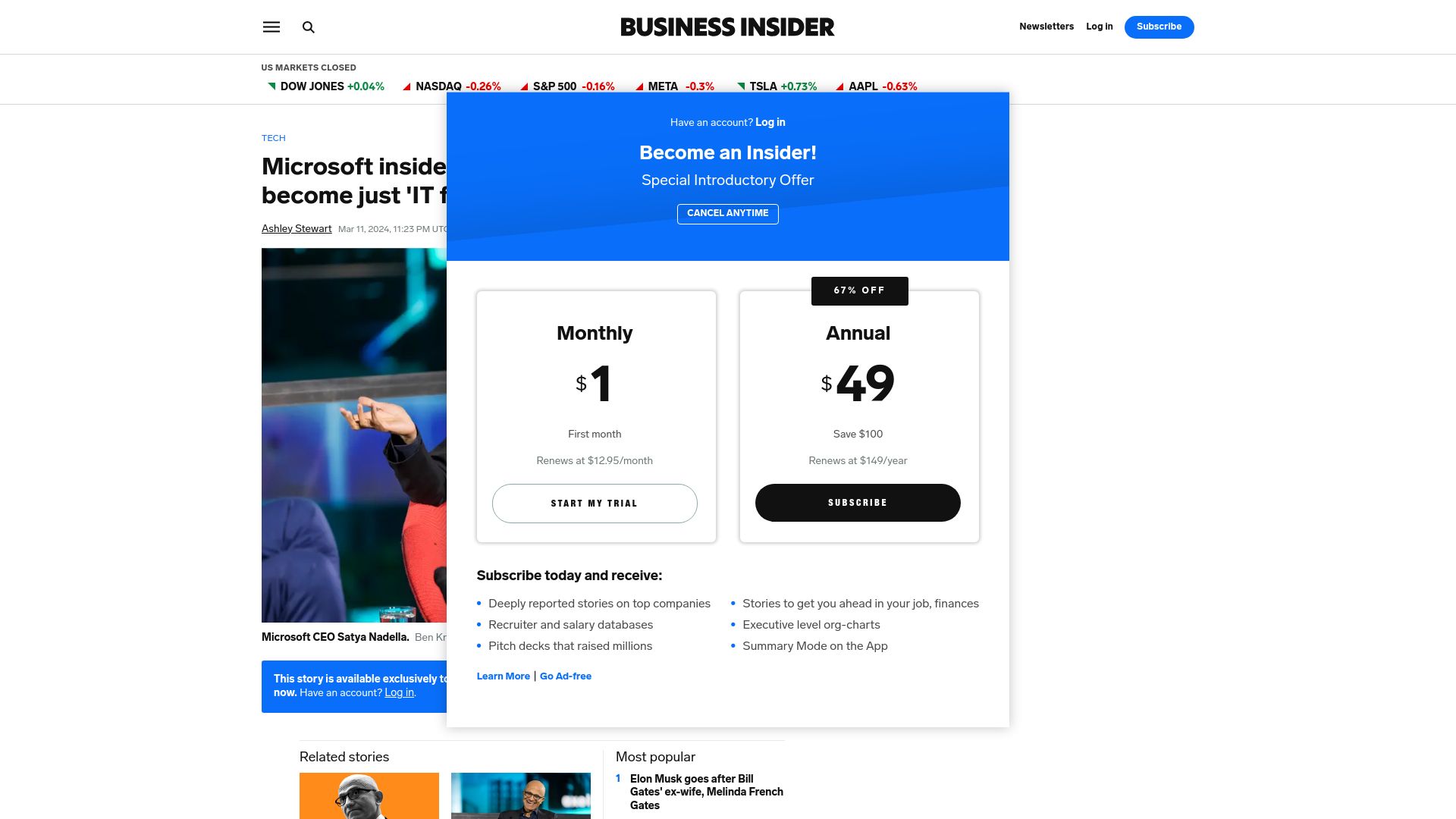 Screenshot of businessinsider.com: Microsoft insiders worry the company has become just 'IT for OpenAI'