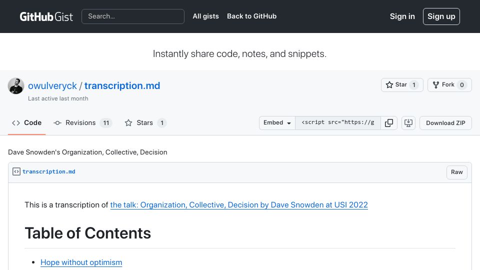 Screenshot of gist.github.com: Hope without optimism – transcription of a talk by Dave Snowden (2022)