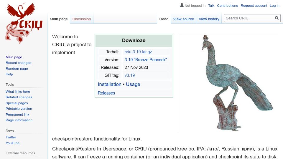 Screenshot of criu.org: CRIU, a project to implement checkpoint/restore functionality for Linux