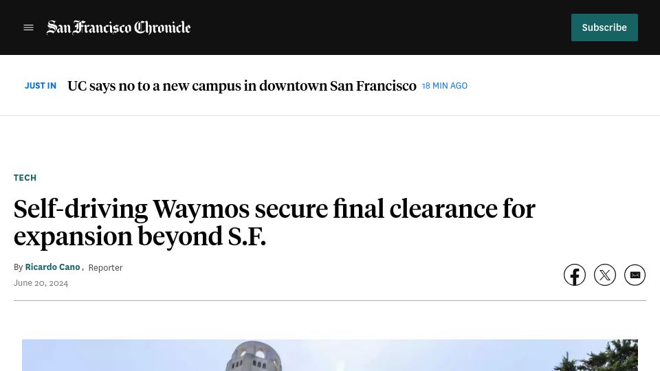 Screenshot of sfchronicle.com: Self-driving Waymos secure final clearance for expansion beyond S.F