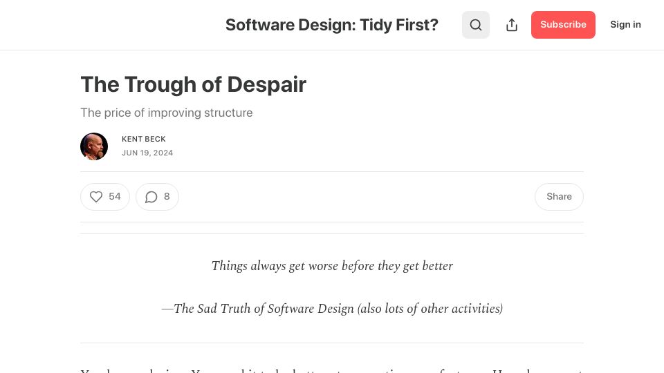 Screenshot of tidyfirst.substack.com: Software design gets worse before it gets better