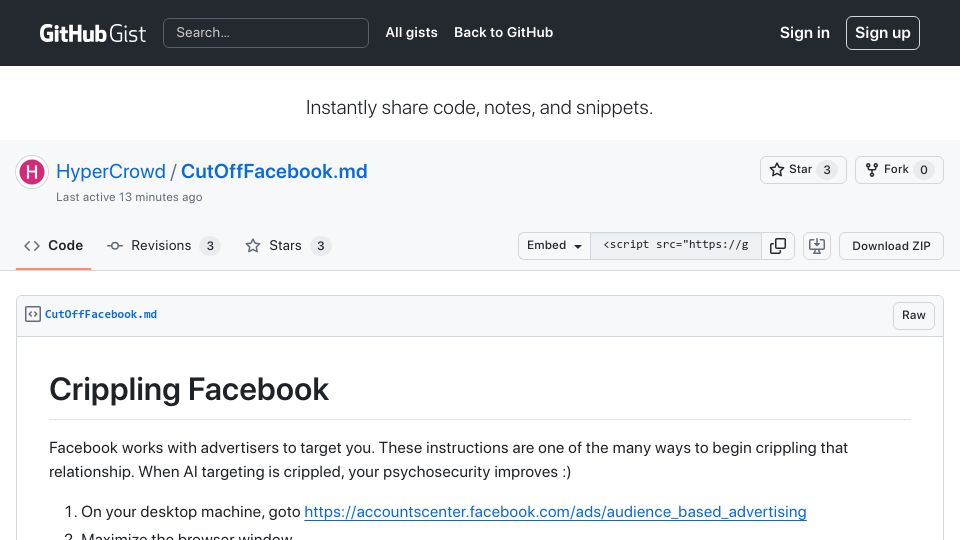 Screenshot of gist.github.com: Show HN: Simple script to cripple personalized targeting from Facebook