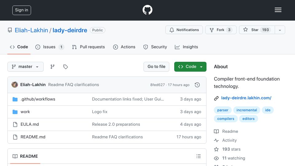 Screenshot of github.com: Show HN: Lady Deirdre 2 – Rust Framework for Compilers and LSP Servers