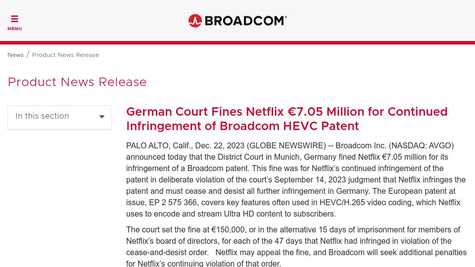 Screenshot of broadcom.com: German Court Fines Netflix €7.05M for Infringement of Broadcom HEVC Patent