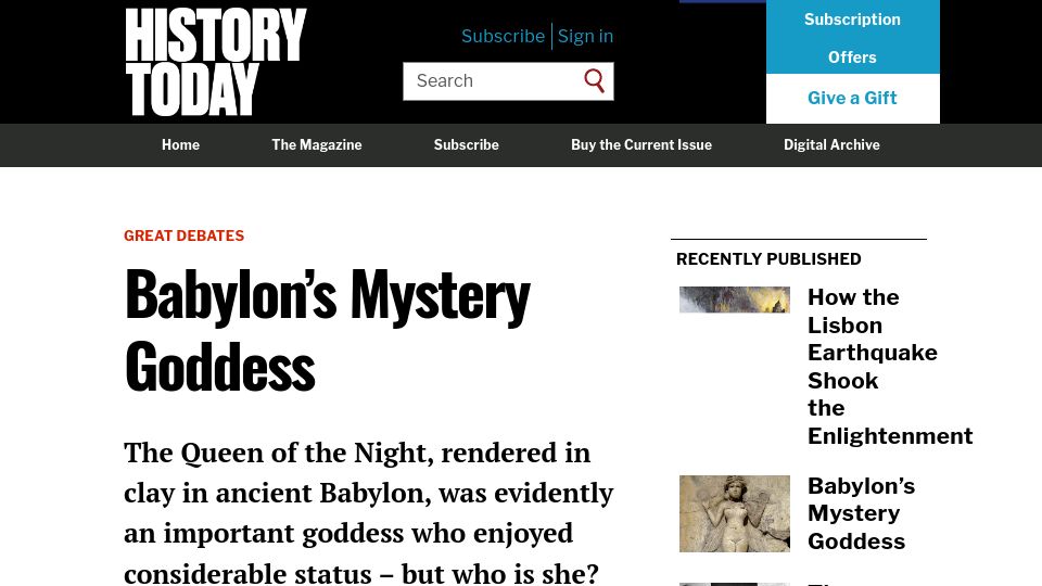 Screenshot of historytoday.com: Babylon's Mystery Goddess