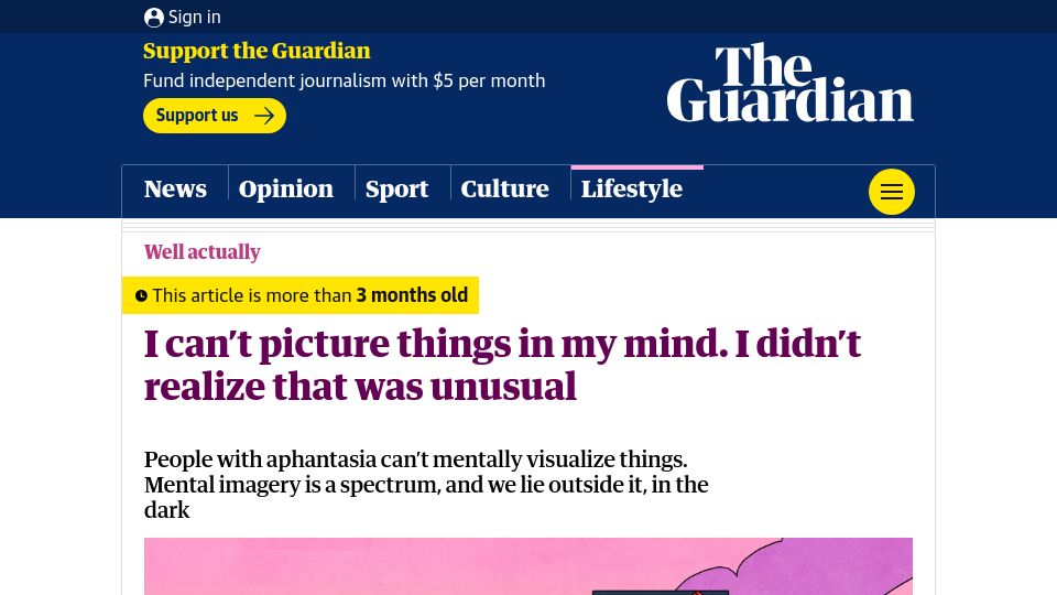 Screenshot of theguardian.com: Aphantasia: I can not picture things in my mind