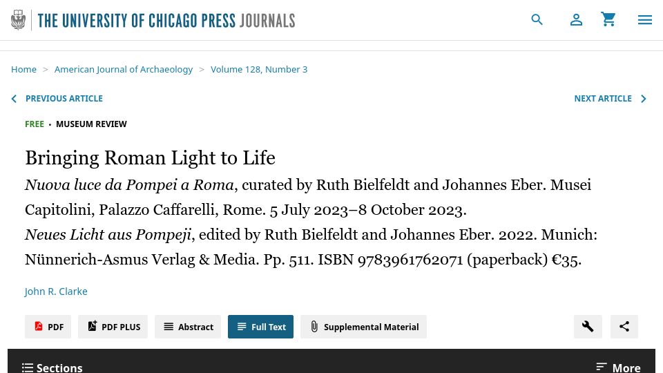 Screenshot of journals.uchicago.edu: Bringing Roman Light to Life