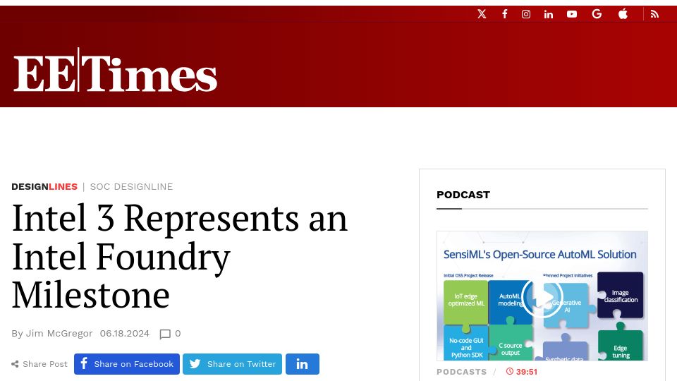 Screenshot of eetimes.com: Intel 3 Represents an Intel Foundry Milestone