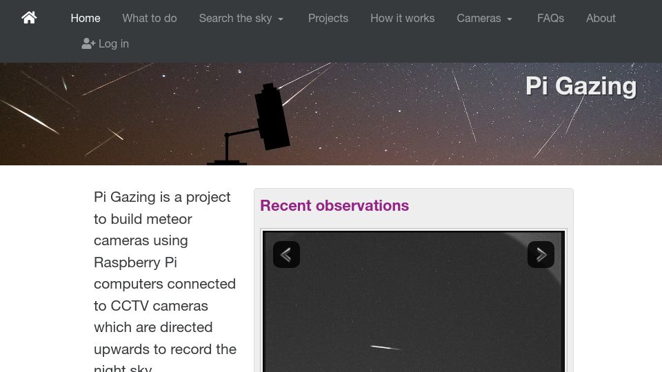 Screenshot of pigazing.dcford.org.uk: Pi Gazing is a project to build meteor cameras using Raspberry Pi