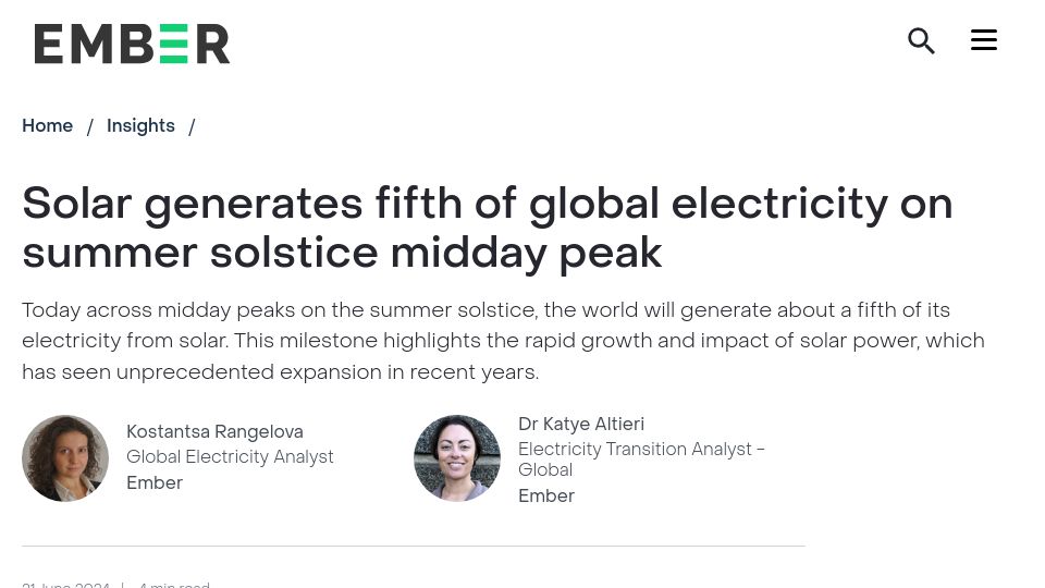 Screenshot of ember-climate.org: Solar generates fifth of global electricity on summer solstice midday peak