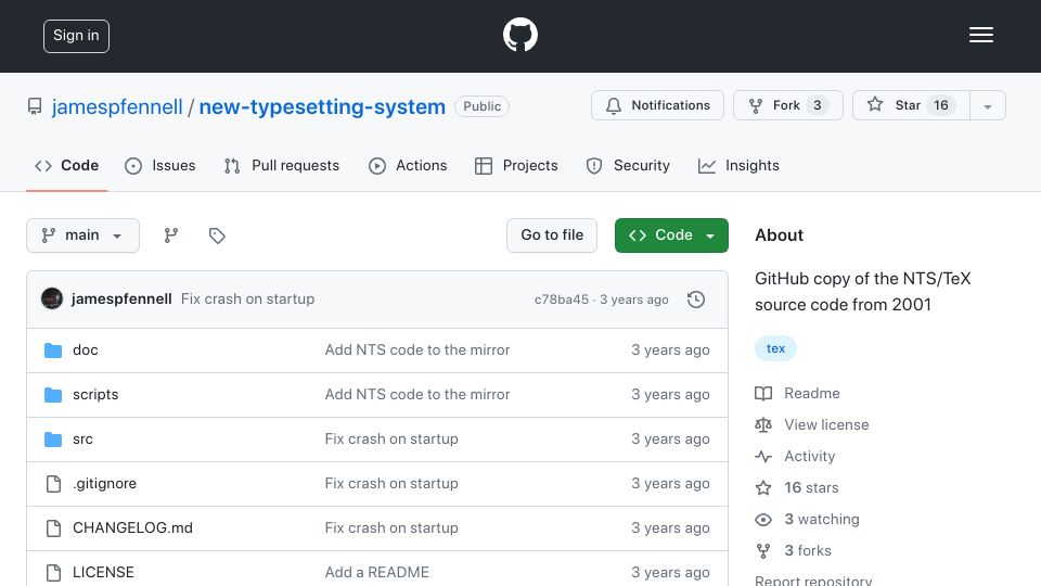 Screenshot of github.com: NTS (TeX reimplementation in Java from 2001) still compiles under Java 16