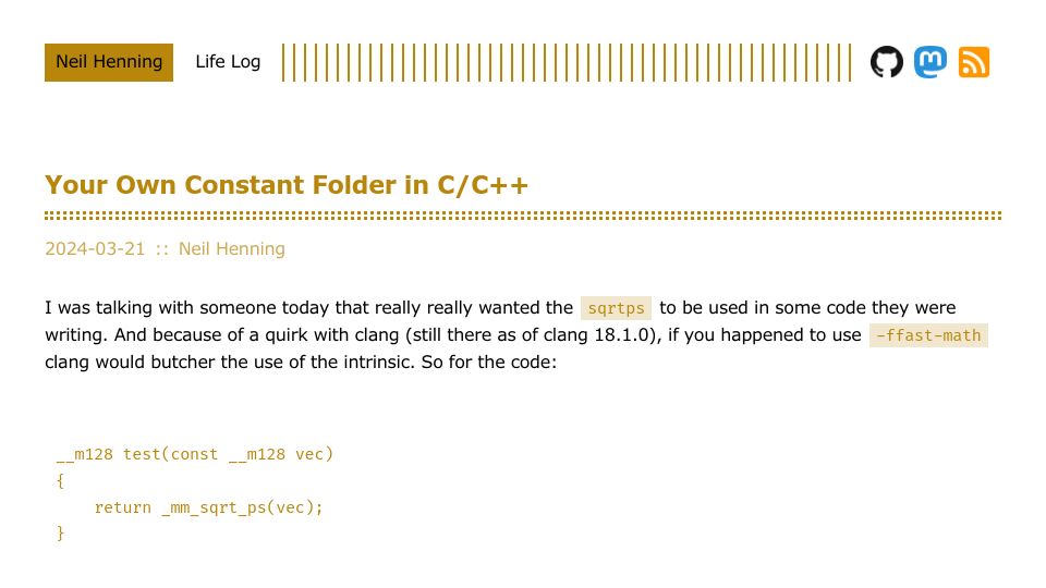 Screenshot of neilhenning.dev: Own Constant Folder in C/C++