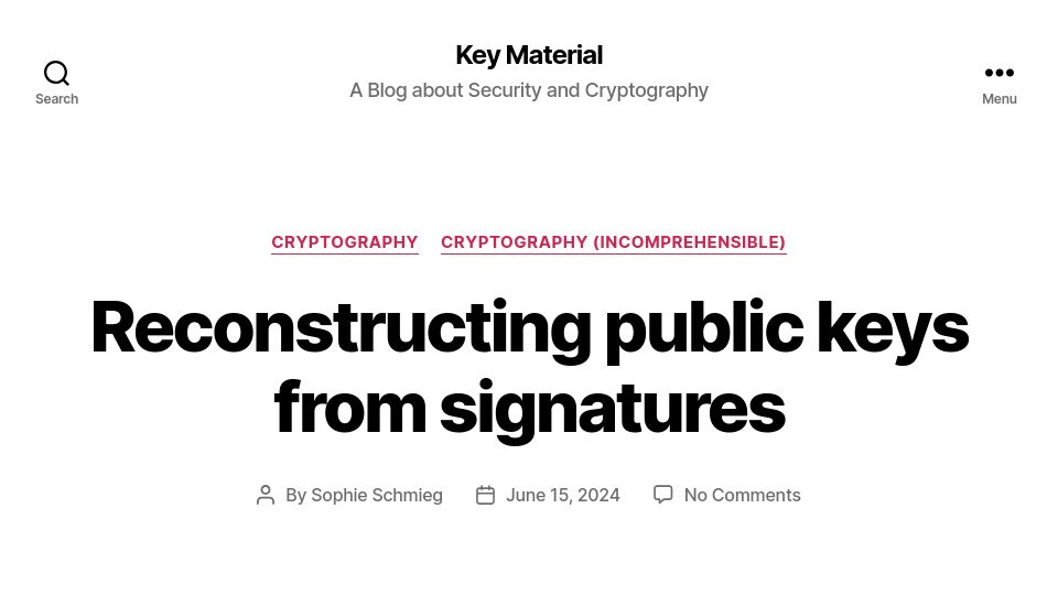 Screenshot of keymaterial.net: Reconstructing Public Keys from Signatures
