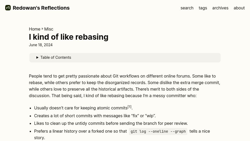 Screenshot of rednafi.com: I kind of like rebasing