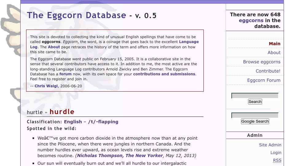 Screenshot of eggcorns.lascribe.net: The Eggcorn Database