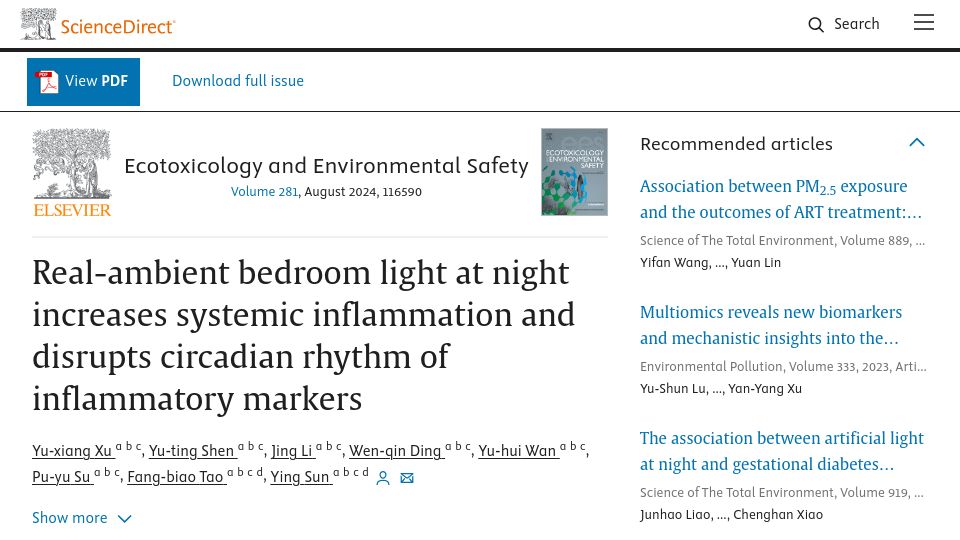 Screenshot of sciencedirect.com: Bedroom light at night increases inflammation and disrupts circadian rhythm