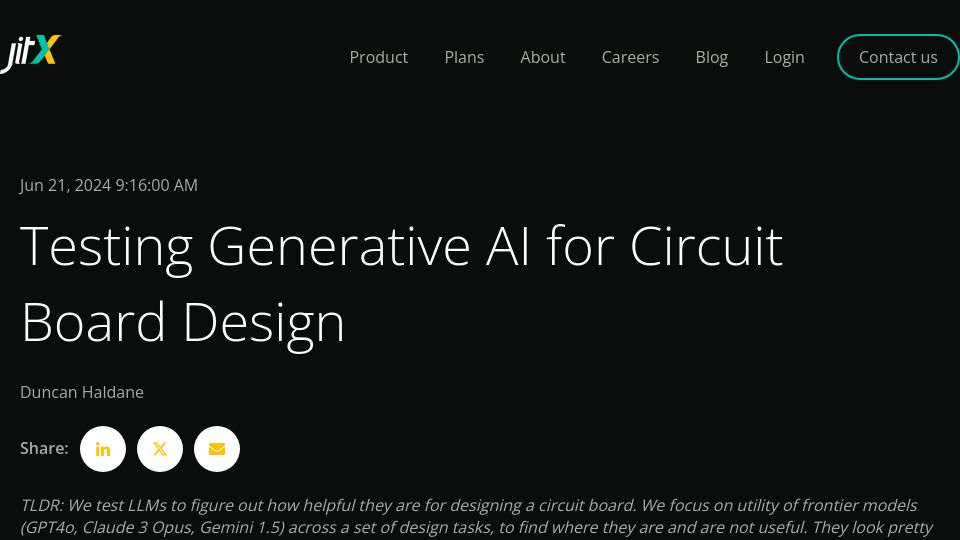 Screenshot of blog.jitx.com: Testing Generative AI for Circuit Board Design