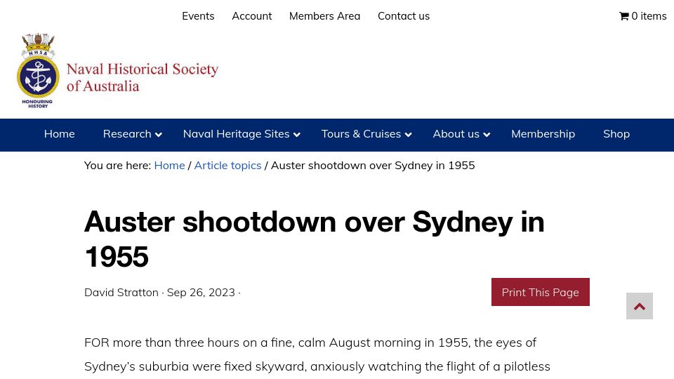 Screenshot of navyhistory.au: Aster shootdown over Sydney in 1955
