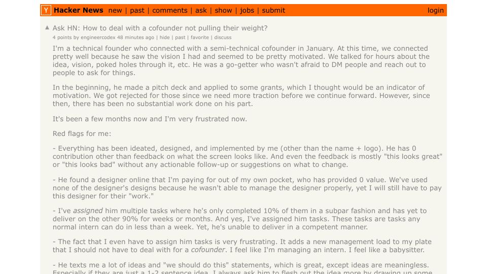 Screenshot of Hacker News post: Ask HN: How to deal with a cofounder not pulling their weight?