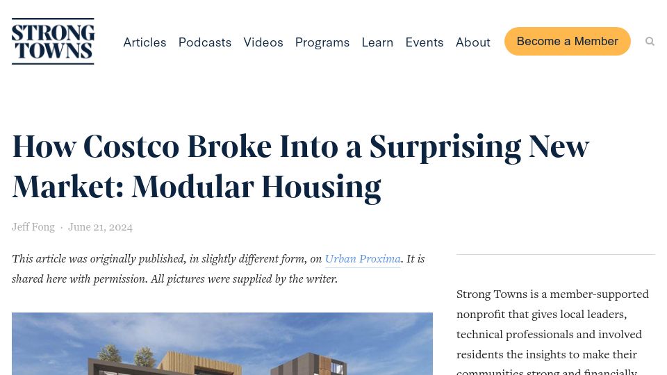 Screenshot of strongtowns.org: Costco Broke into a Surprising New Market: Modular Housing