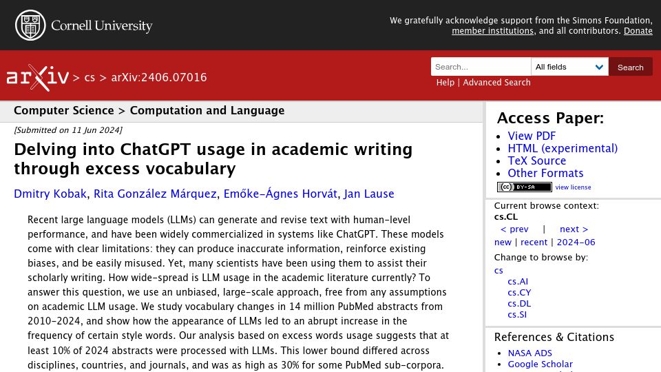 Screenshot of arxiv.org: Delving into ChatGPT usage in academic writing through excess vocabulary