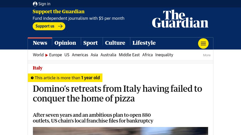 Screenshot of theguardian.com: Domino's retreats from Italy having failed to conquer the home of pizza (2022)